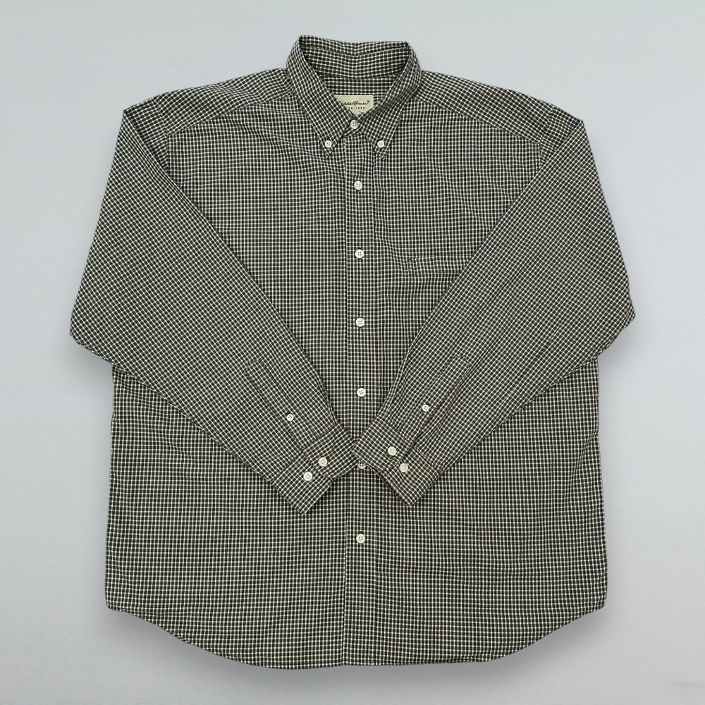 Eddie Bauer Shirt Button Front Men's Green Plaid 100% Cotton Size L Front Pocket